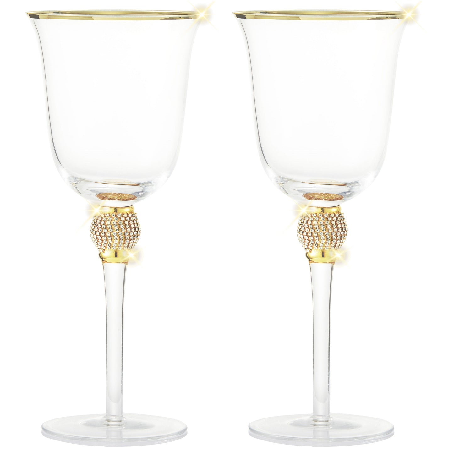 Berkware Set of 2 Gold tone Wine Glasses - Luxurious Rose and White Wine Glass with Dazzling Rhinestone Design and Gold tone Rim