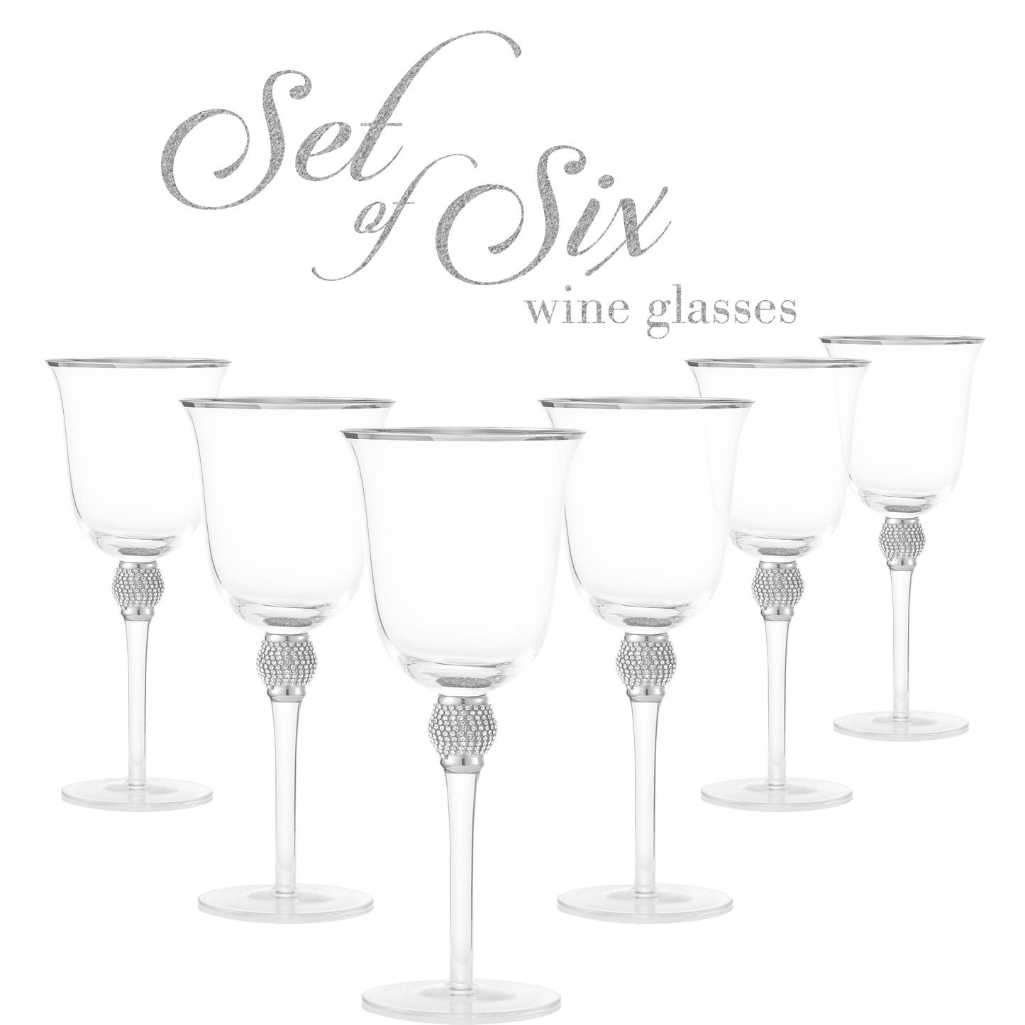 Berkware Set of 6 Rhodium Silver tone Wine Glasses - Luxurious Ros+¬ and White Wine Glass with Dazzling Rhinestone Design and Silver tone Rim