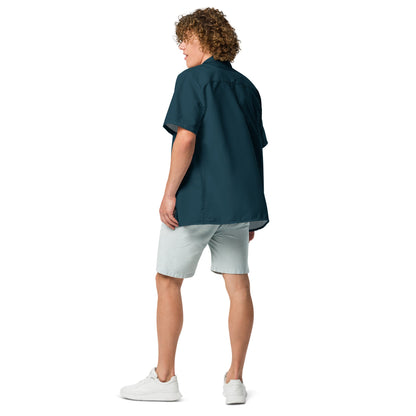 Stylish Solid Dark Seas Blue Camp Shirt - Recycled Polyester, Pulls 2 Pounds of Ocean Plastic, Ideal for Men, Travelers, Beach Lovers