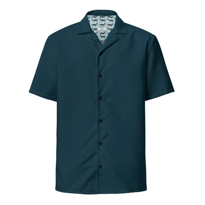 Stylish Solid Dark Seas Blue Camp Shirt - Recycled Polyester, Pulls 2 Pounds of Ocean Plastic, Ideal for Men, Travelers, Beach Lovers