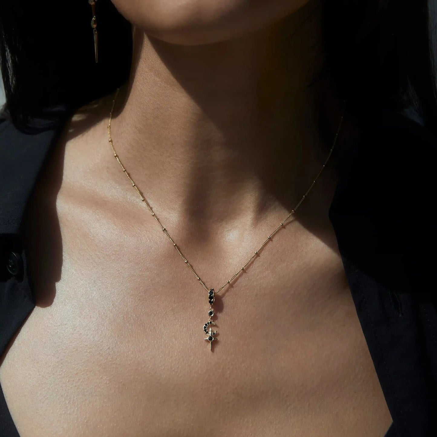 Black Spinel Crescent Cross Necklace