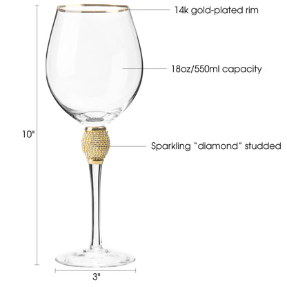 Berkware Set of 2 Wine Glasses - Luxurious and Elegant Sparkling Studded Long Stem Red Wine Glass with Gold tone Rim