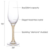 Berkware Champagne Glasses Set of 2 - Luxurious Crystal Champagne Flutes - Elegant Rhinestone Embellished Stem - Two Gold tone Champagne Glasses for toasting