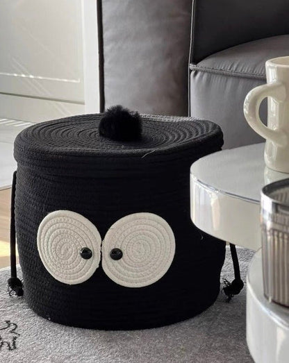 Cute Whimsical Big Eyes Coal Ball Woven Laundry Storage Basket Bag