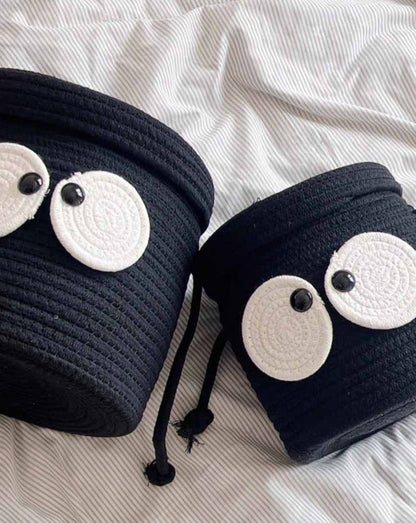 Cute Whimsical Big Eyes Coal Ball Woven Laundry Storage Basket Bag