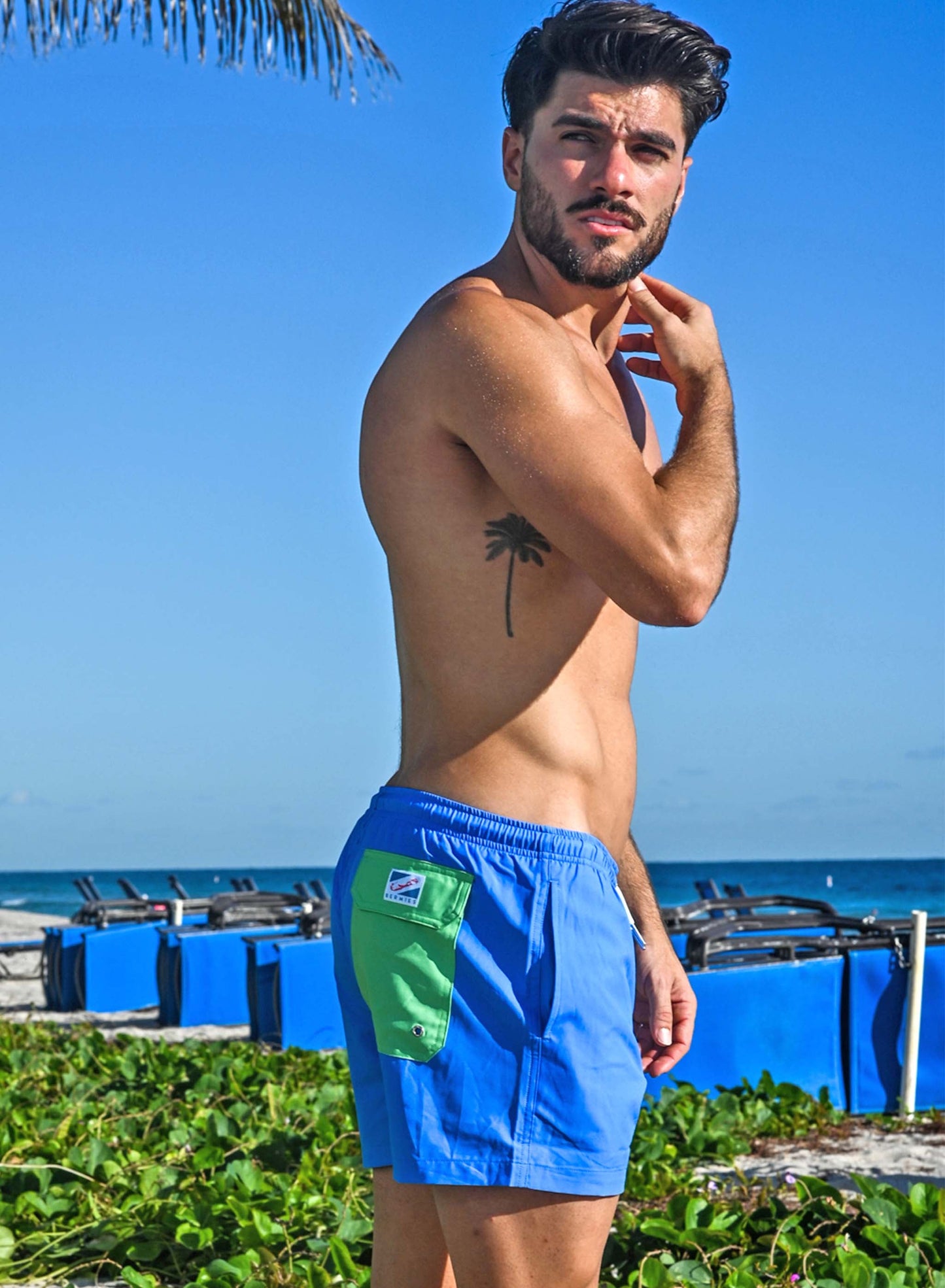 Blue Solid Green Pocket - 3.5" Swim Trunks by Bermies