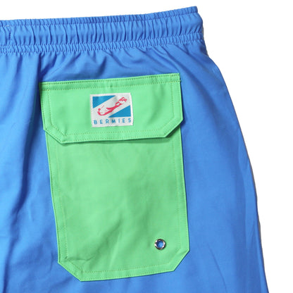 Blue Solid Green Pocket - 3.5" Swim Trunks by Bermies