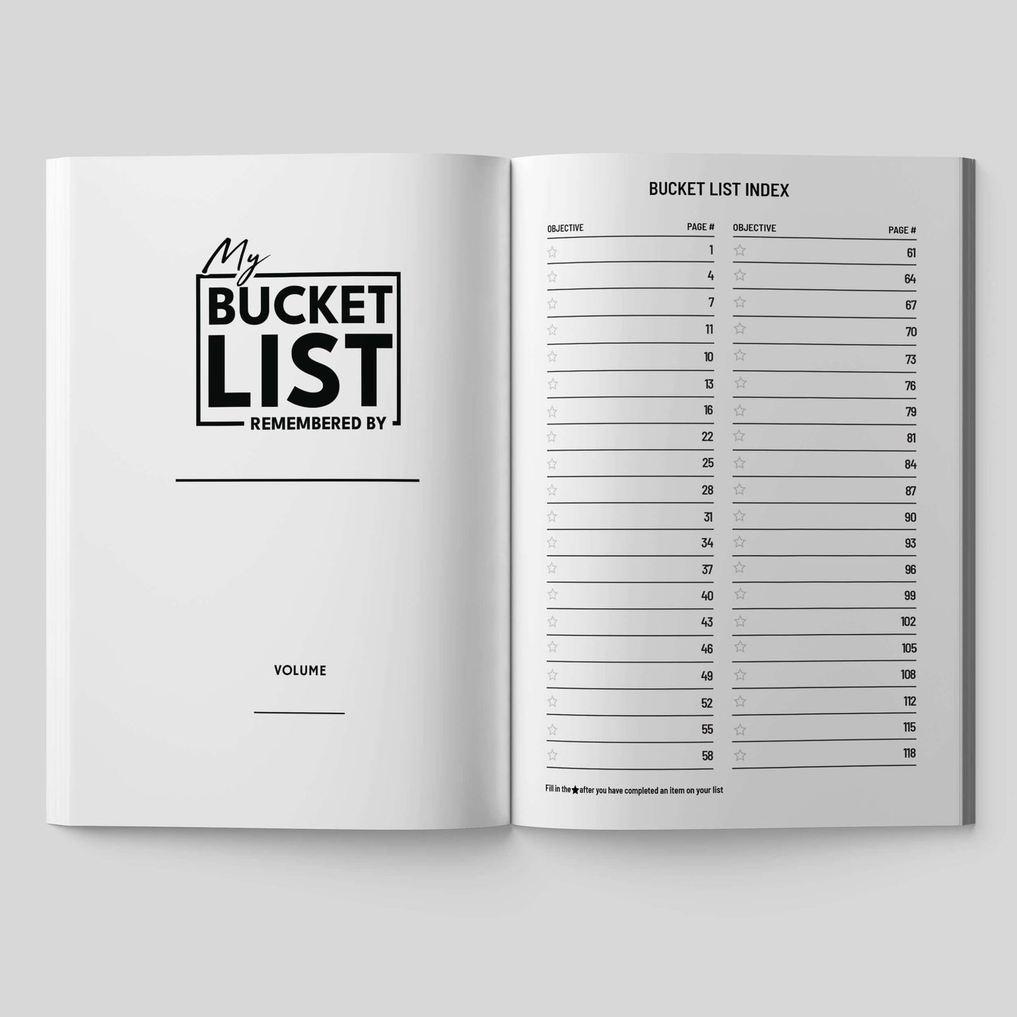 Open pages of 'My Bucket List Remembered' journal featuring the title and index for documenting achievements.