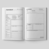 Open journal page for documenting dreams and achievements, featuring sections for planning and experiences.