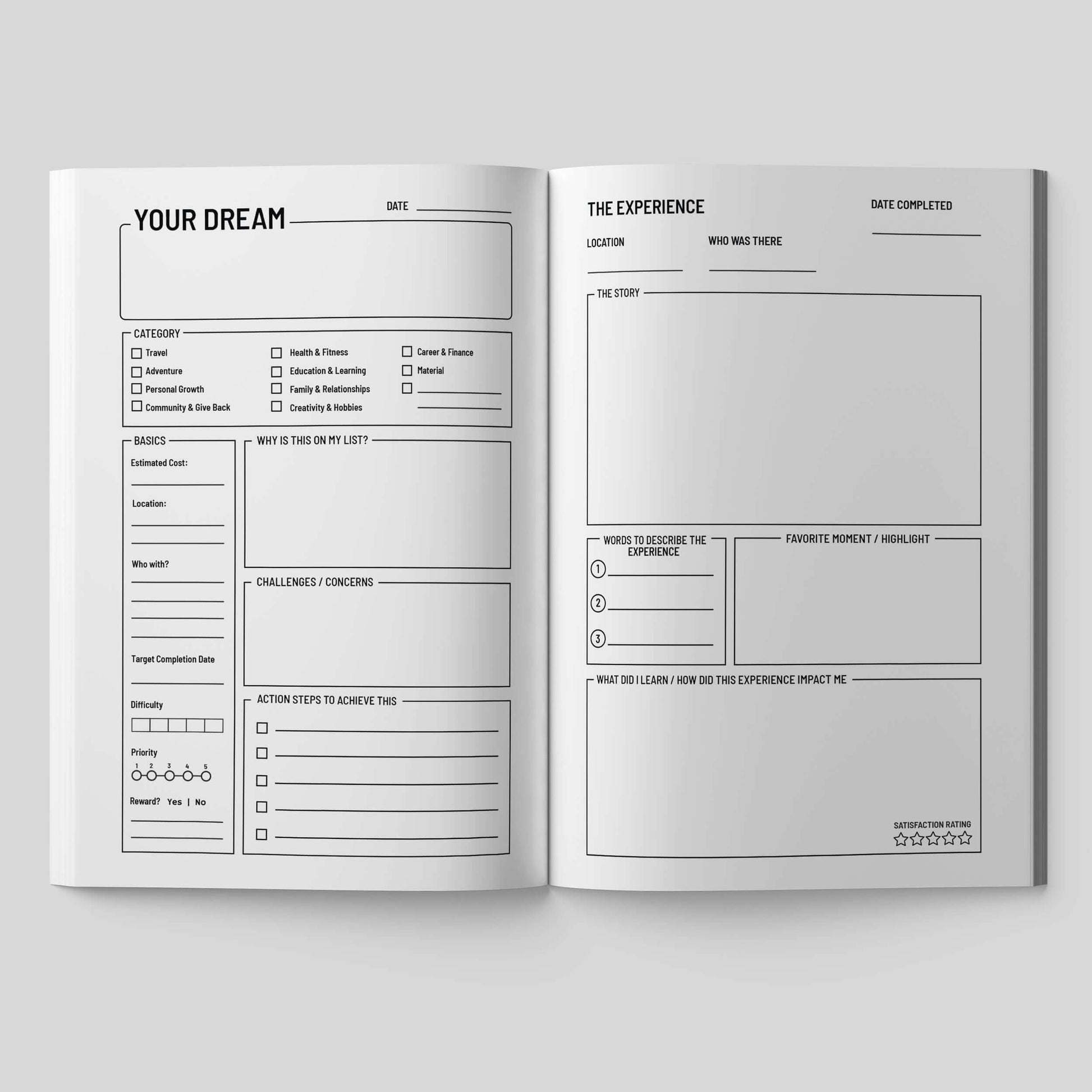 Open journal page for documenting dreams and achievements, featuring sections for planning and experiences.