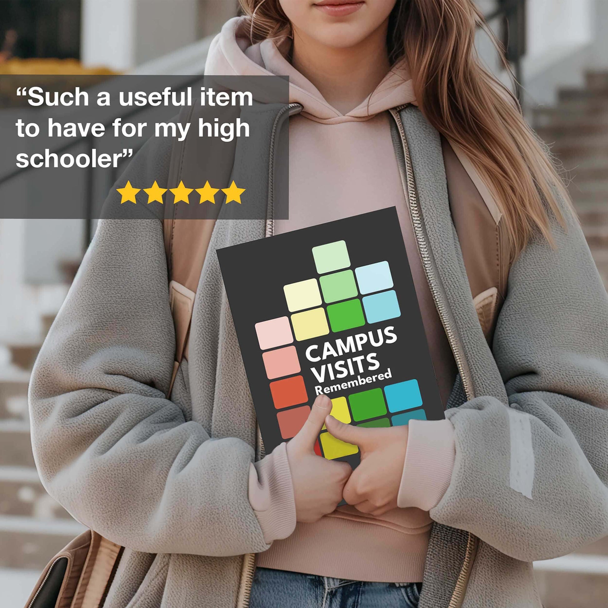 Person holding the Campus Visits Remembered journal, showcasing its design and positive review for high school students.