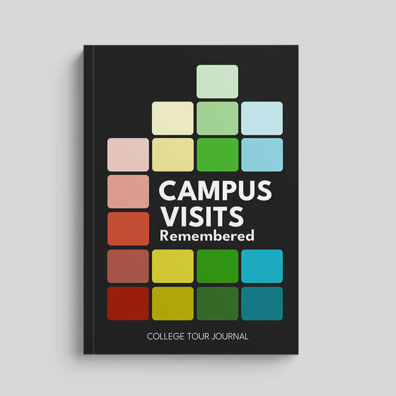 Campus Visits Remembered college tour journal with colorful blocks on matte black cover, ideal for documenting campus visits.