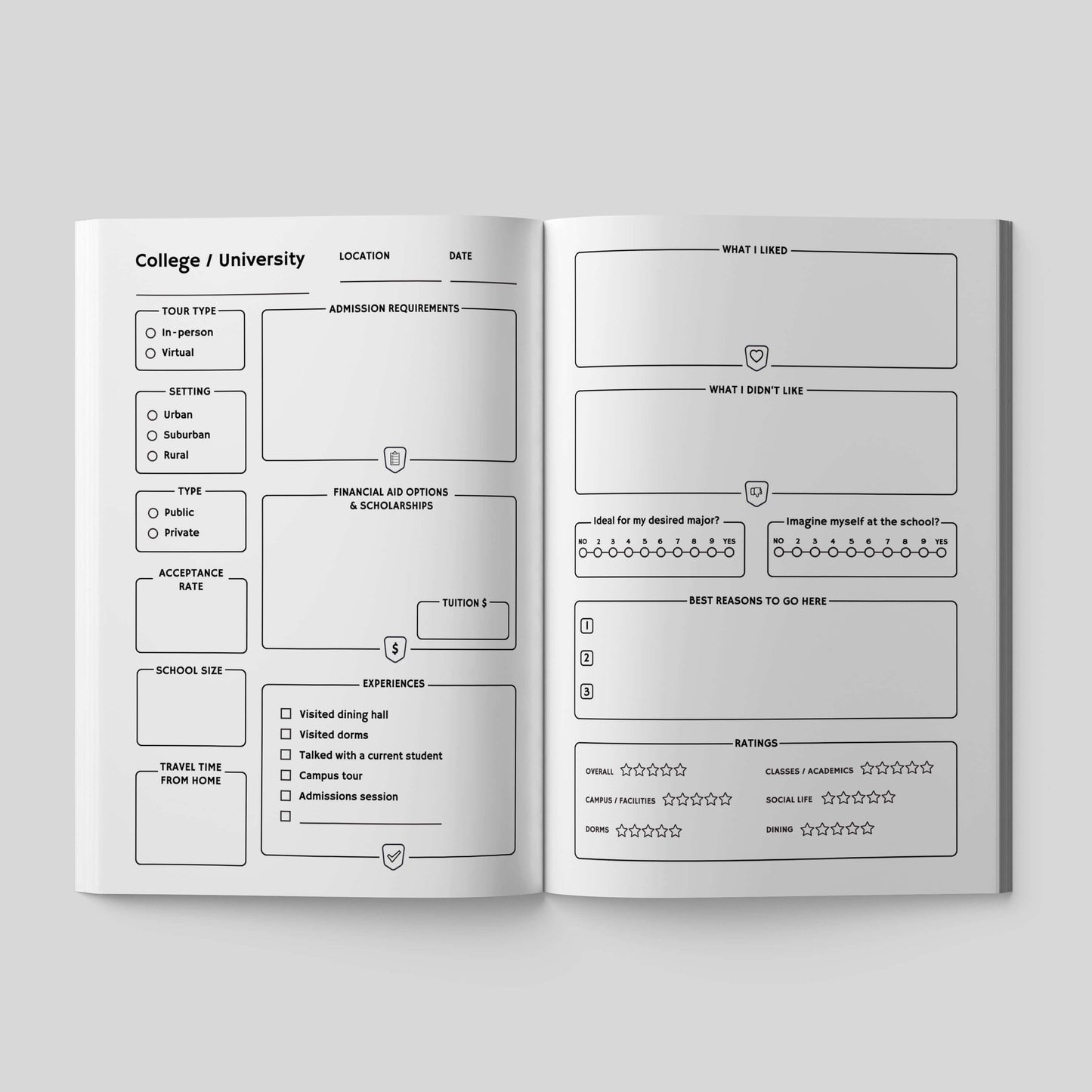 Interior pages of Campus Visits Remembered journal, designed for documenting college visit details.
