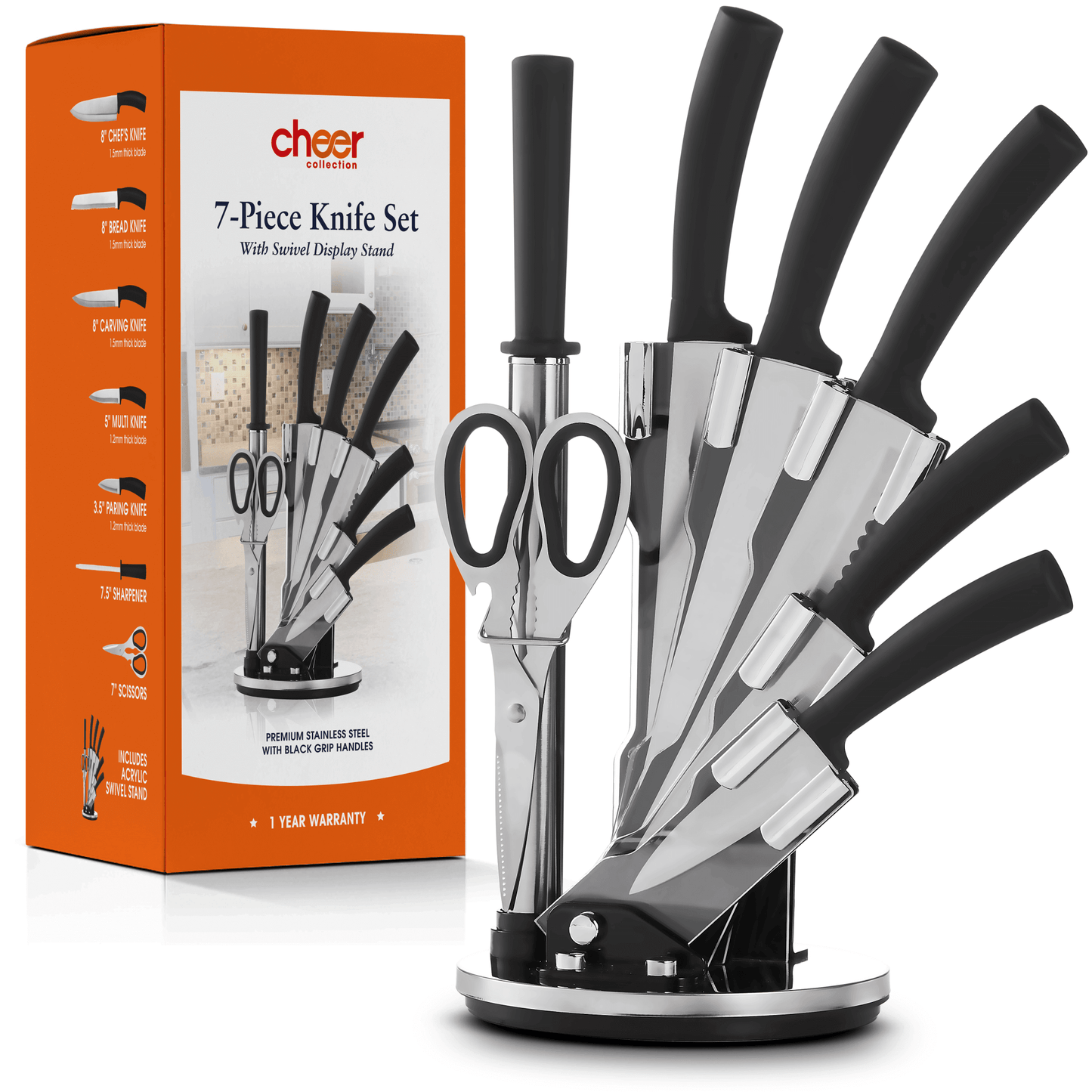 Cheer Collection Chef Knife Set (7 Piece) with Rotating Stand - Sharp Serrated and Standard Blades