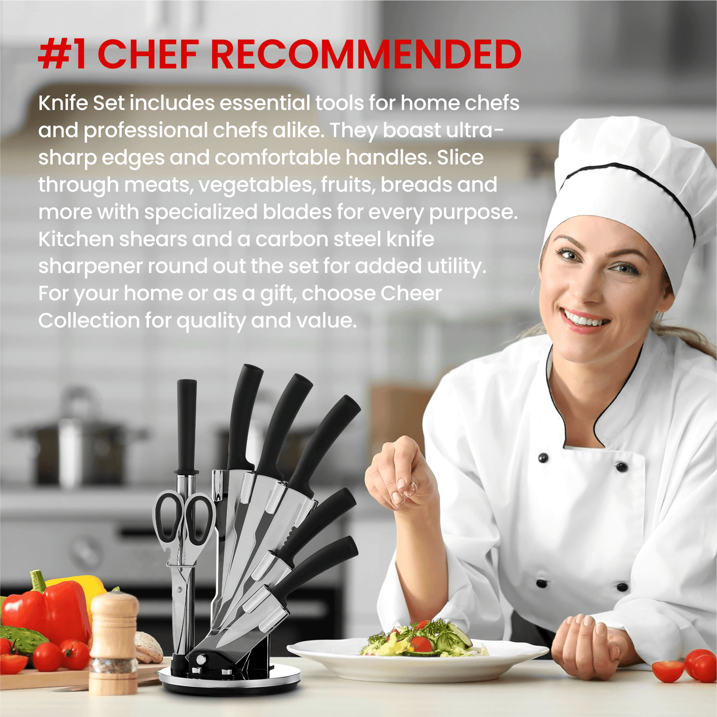 Cheer Collection Chef Knife Set (7 Piece) with Rotating Stand - Sharp Serrated and Standard Blades