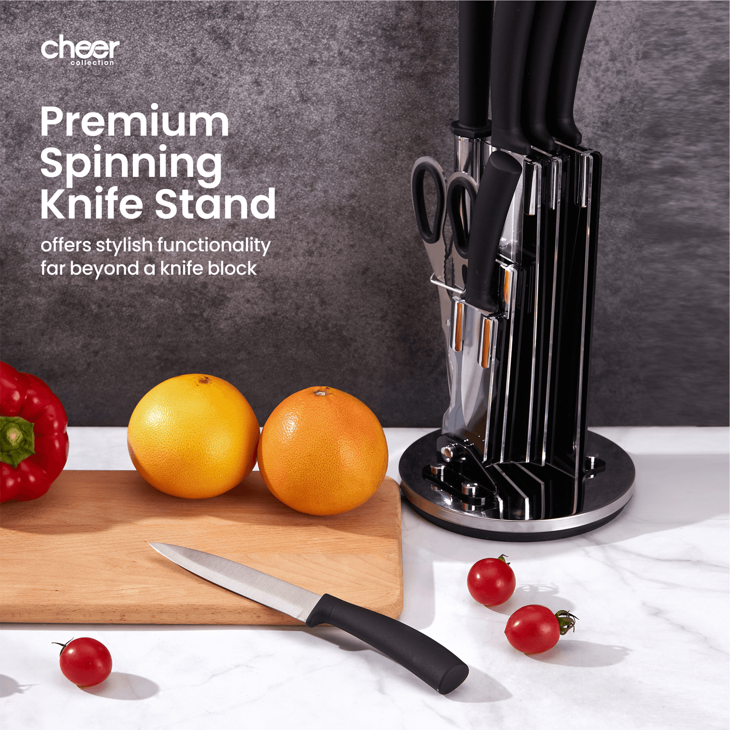 Cheer Collection Chef Knife Set (7 Piece) with Rotating Stand - Sharp Serrated and Standard Blades