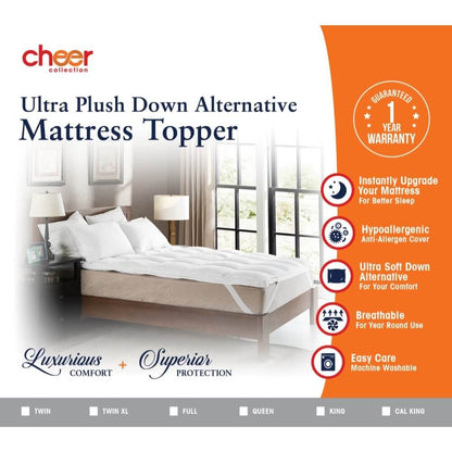 Cheer Collection Hypoallergenic Luxury Mattress Topper - Plush Overfilled Down Alternative Featherbed Mattress Pad