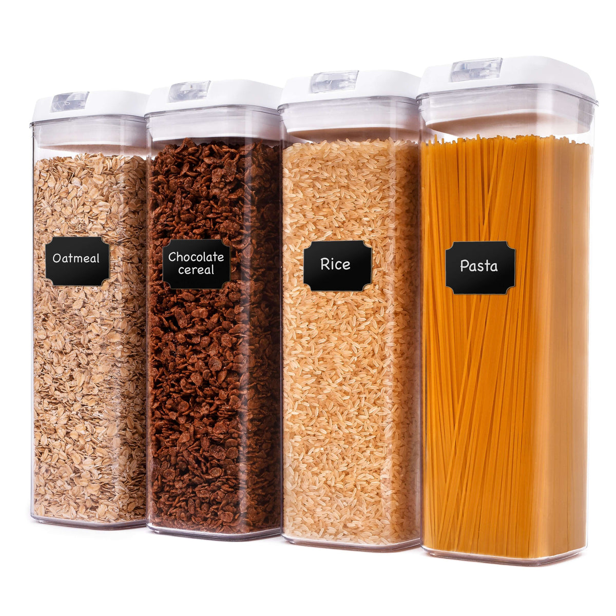 Cheer Collection One Size Airtight Food Storage Containers - Set of 4 IDENTICAL 65 oz Pantry Organizer Bins plus Marker and Labels