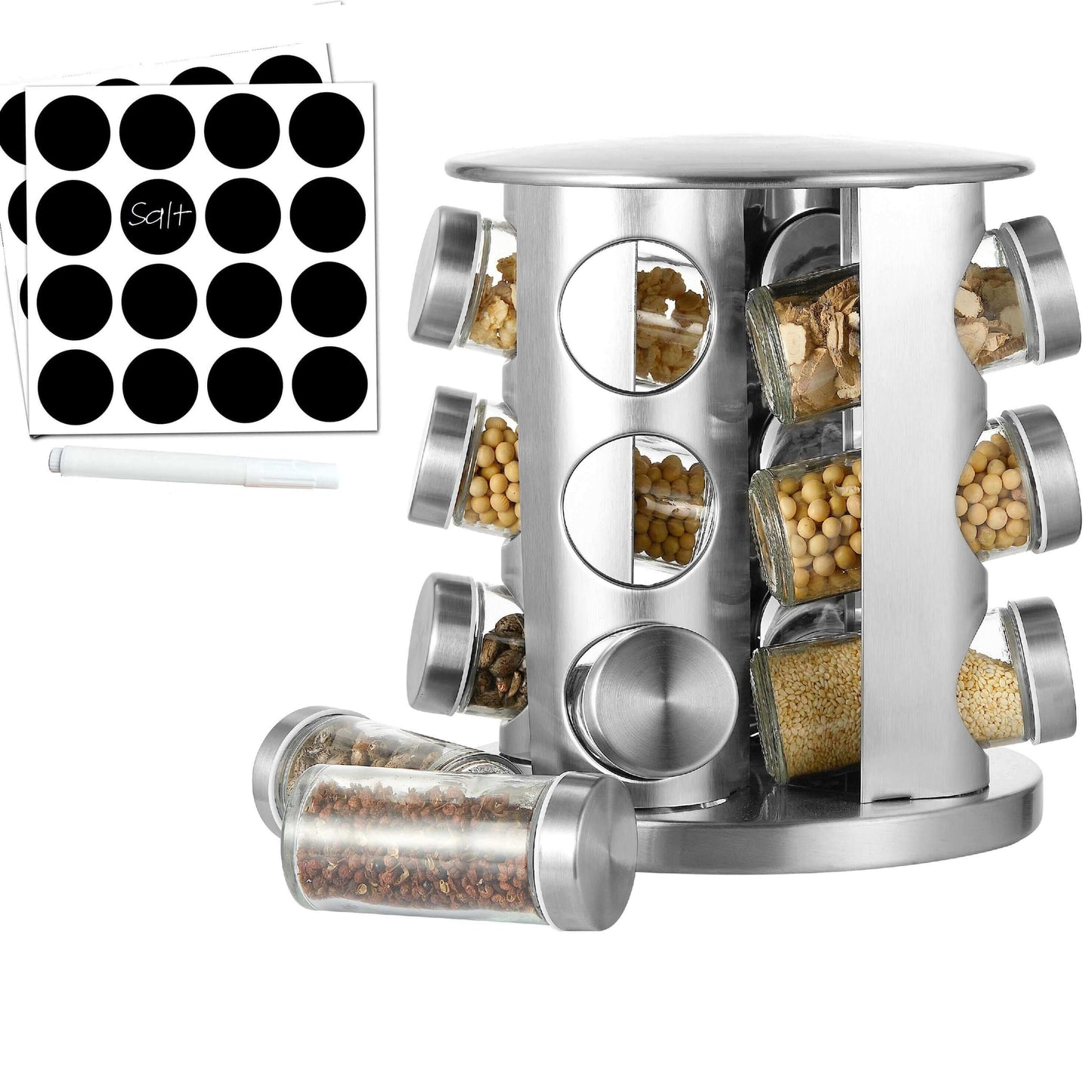 Cheer Collection Rotating Spice Rack for Countertop with 12 Jars, Stainless Steel Revolving Storage Organizer for Spices and Seasonings, plus Dry Erase Marker and 48 Reusable Labels