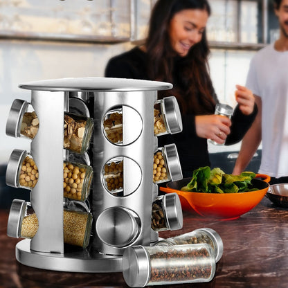 Cheer Collection Rotating Spice Rack for Countertop with 12 Jars, Stainless Steel Revolving Storage Organizer for Spices and Seasonings, plus Dry Erase Marker and 48 Reusable Labels