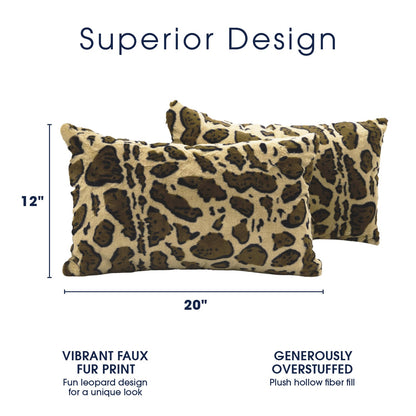 Cheer Collection Set of 2 Leopard Print Throw Pillows - Soft Velvety Faux Fur Decorative Lumbar Couch Pillows