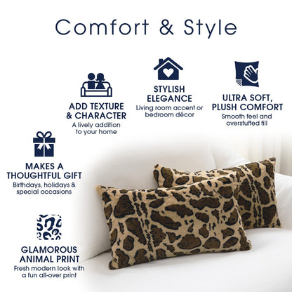 Cheer Collection Set of 2 Leopard Print Throw Pillows - Soft Velvety Faux Fur Decorative Lumbar Couch Pillows