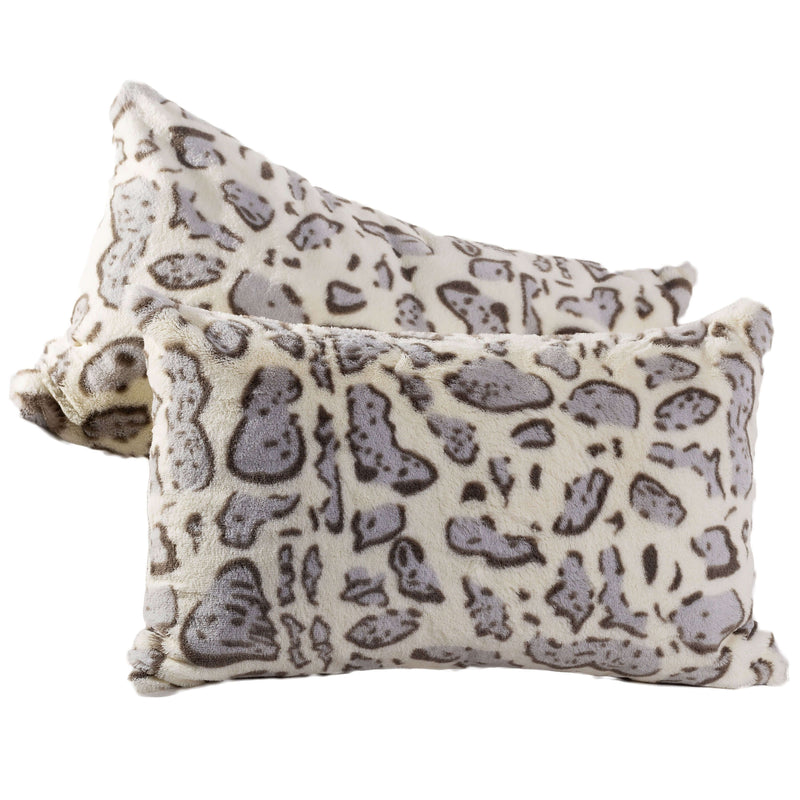 Cheer Collection Set of 2 Snow Leopard Print Throw Pillows - Soft Velvety Faux Fur Decorative Lumbar Couch Pillows