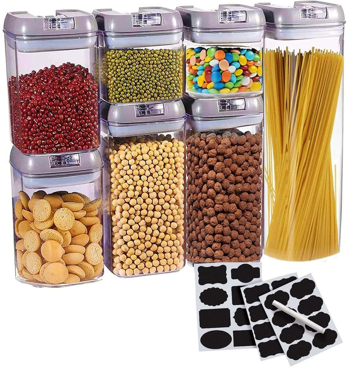 Cheer Collection Set of 7 Airtight Food Storage Containers - Heavy Duty Pantry Organizer Bins, Free from BisPhenol A Plastic Containers plus Dry Erase Marker and Labels, Gray