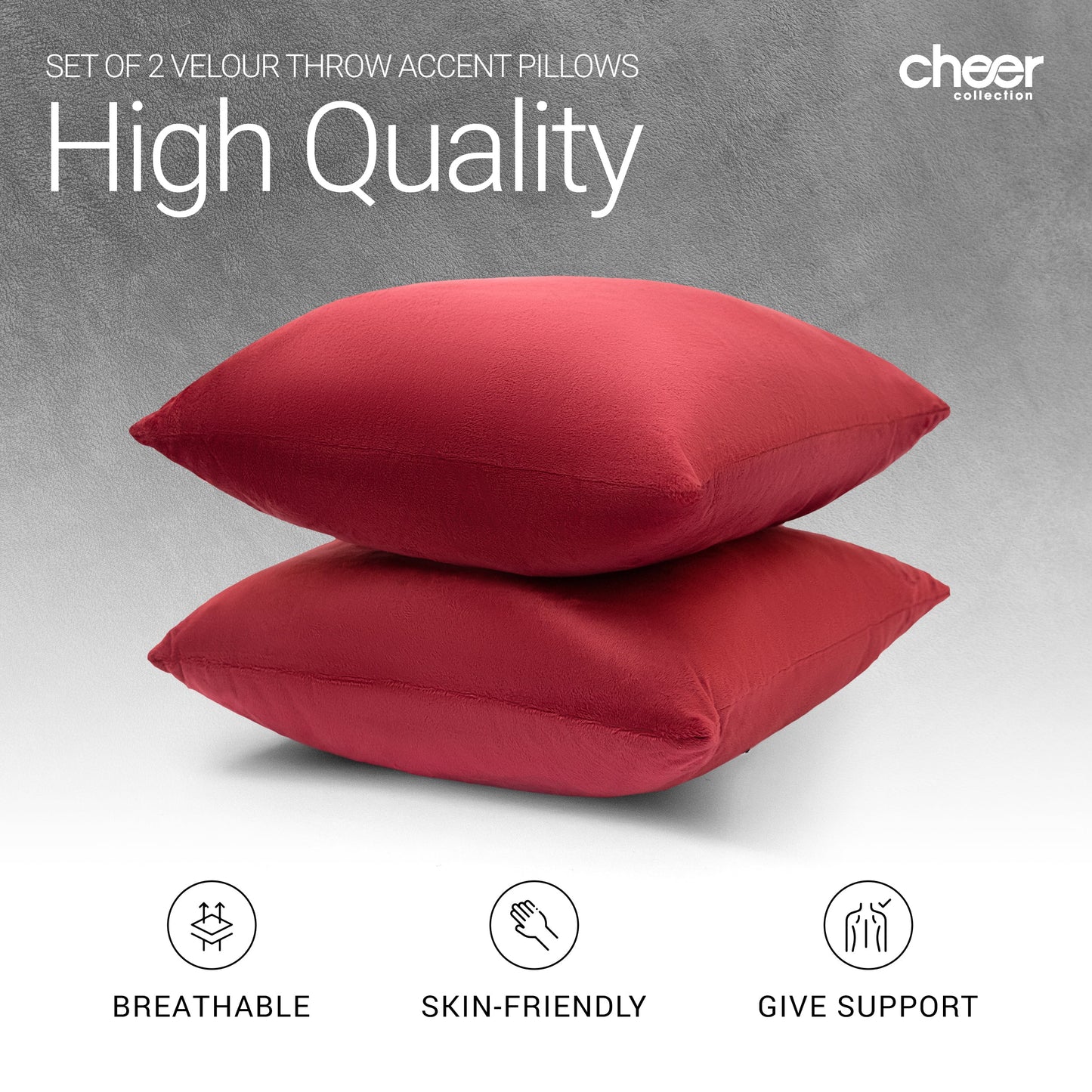 Cheer Collection Velour Throw Pillows - Set of 2 Decorative Couch Pillows - 18" x 18"