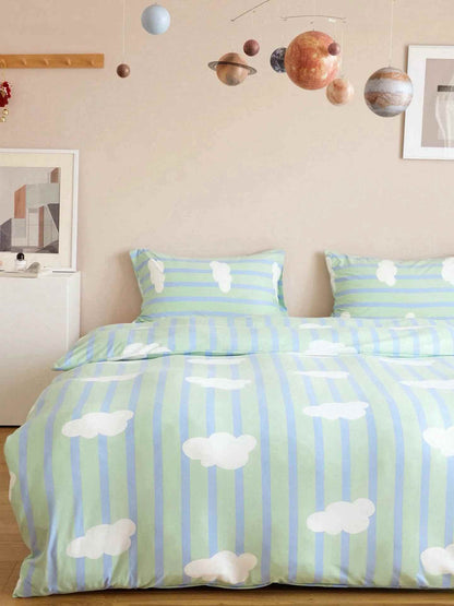 Whimsical Cute Cloud Stripe Duvet Cover Set With Pillowcases, 100% Cotton