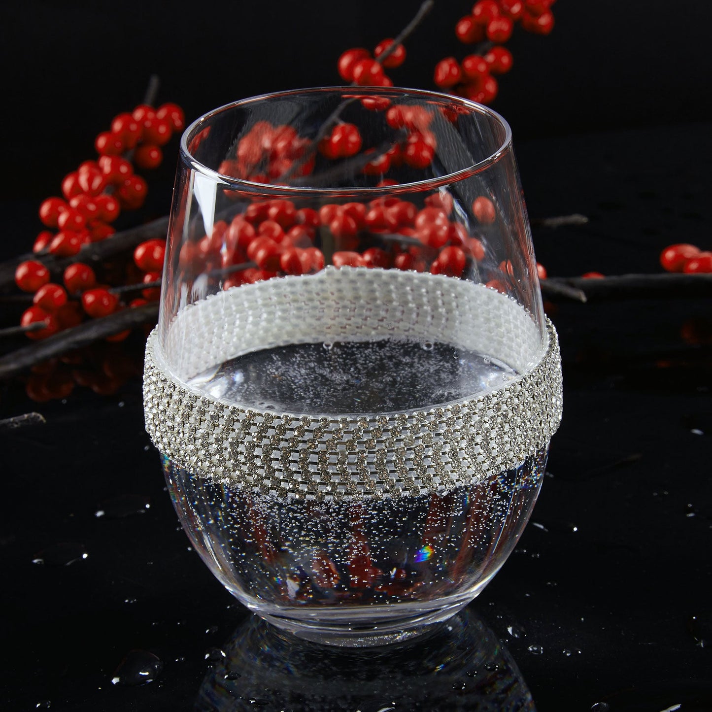 Berkware Set of 2 Stemless Wine Glasses - Luxury Wine Tumblers - Elegant Rhinestone Embellishments - 16oz, 5" tall Glassware Set - Two stemless red wine glasses for toasting