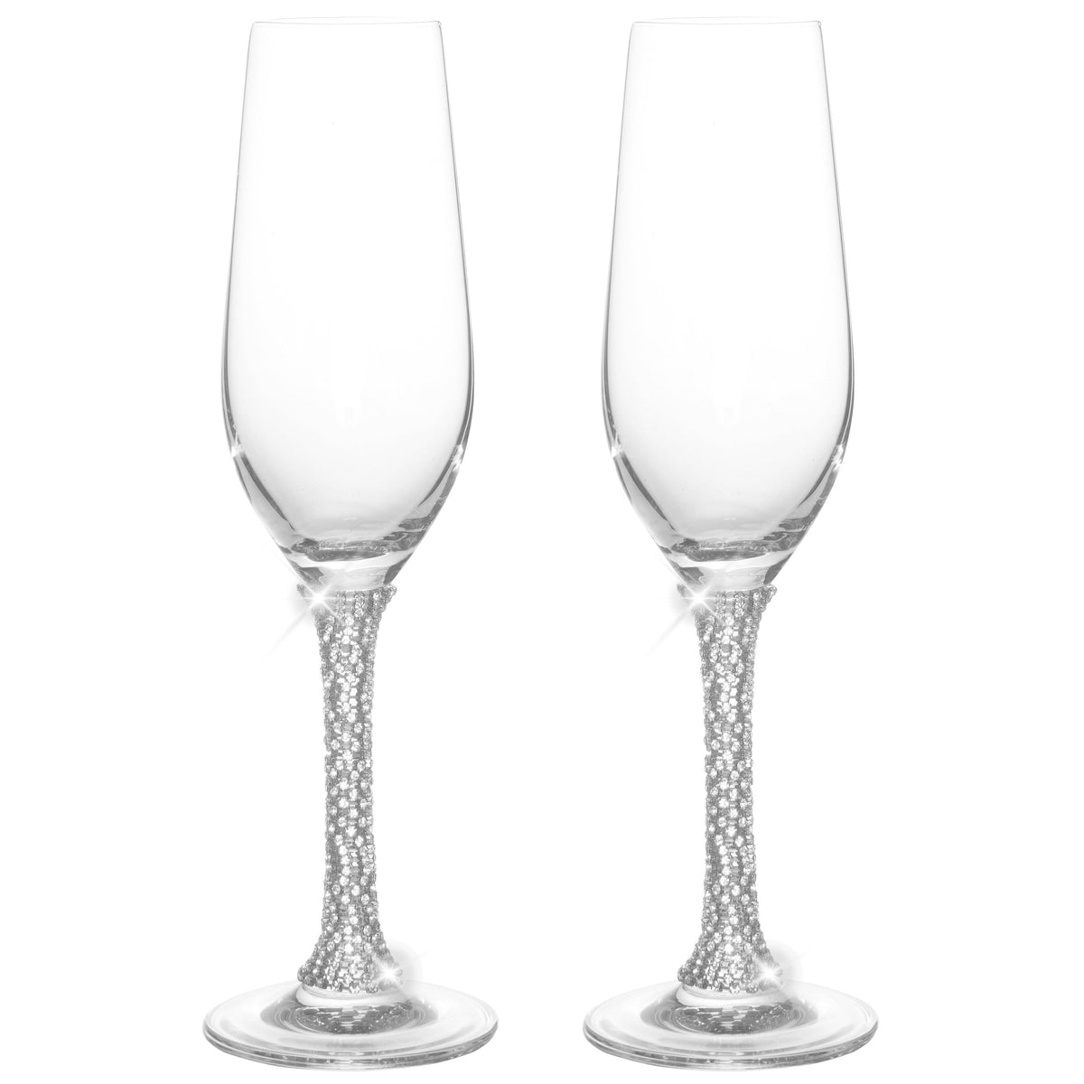 Berkware Champagne Glasses Set of 2 - Luxurious Crystal Champagne Flutes - Elegant Rhinestone Embellished Stem - Two Silver tone Champagne Glasses for toasting