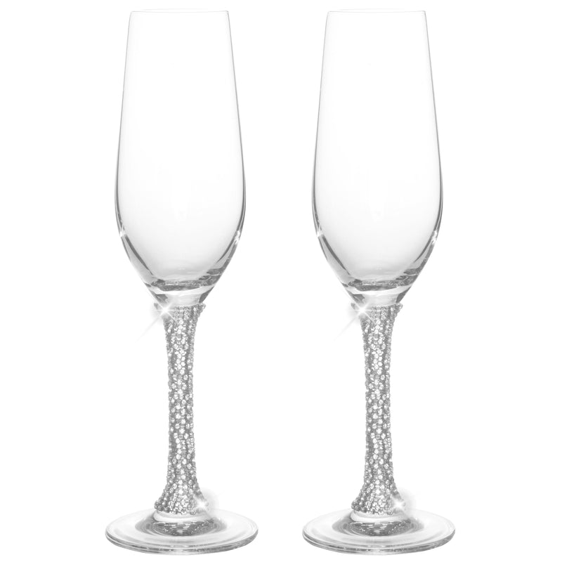 Berkware Champagne Glasses Set of 2 - Luxurious Crystal Champagne Flutes - Elegant Rhinestone Embellished Stem - Two Silver tone Champagne Glasses for toasting