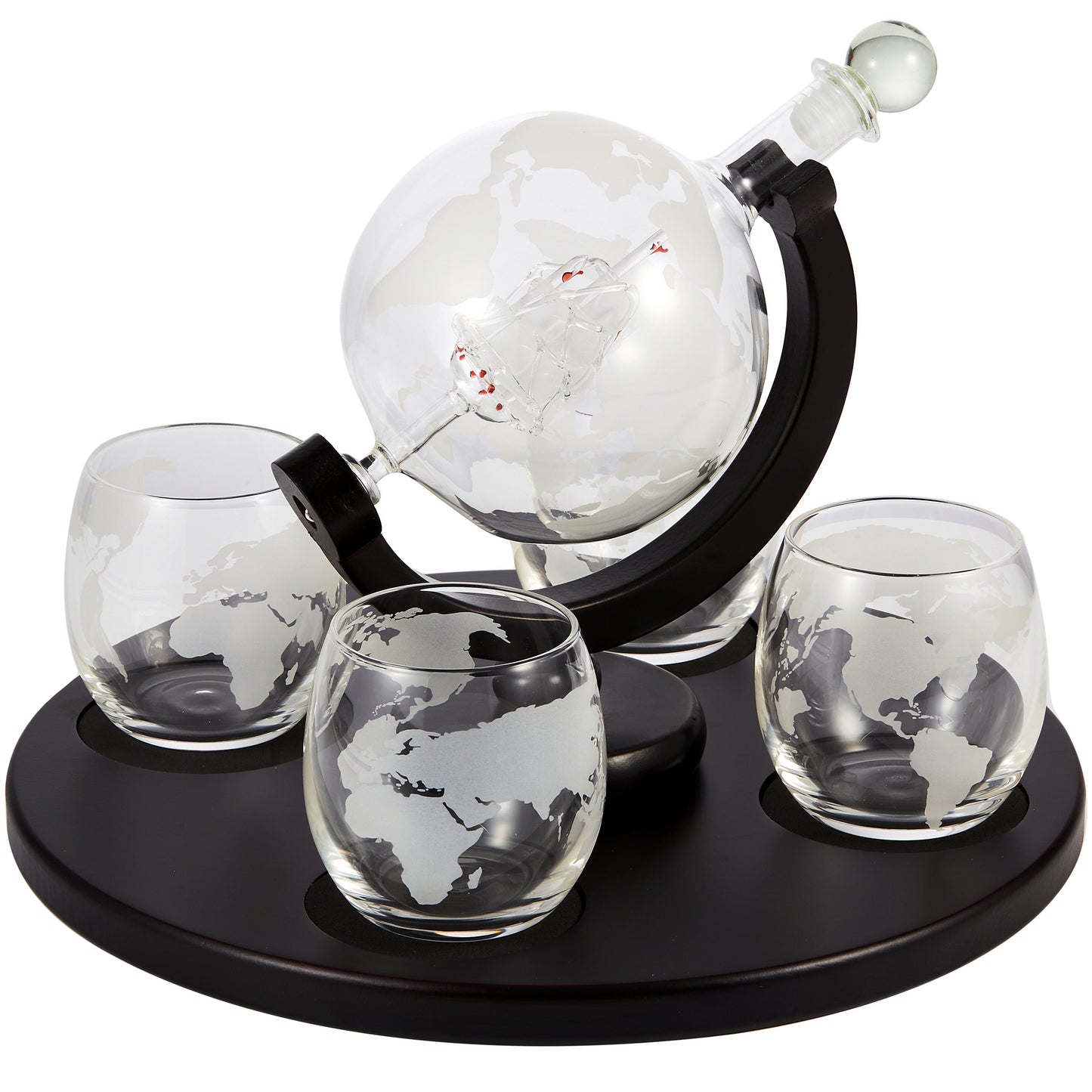 Berkware Globe Whiskey Decanter and 4 Cups Set with Wood Base