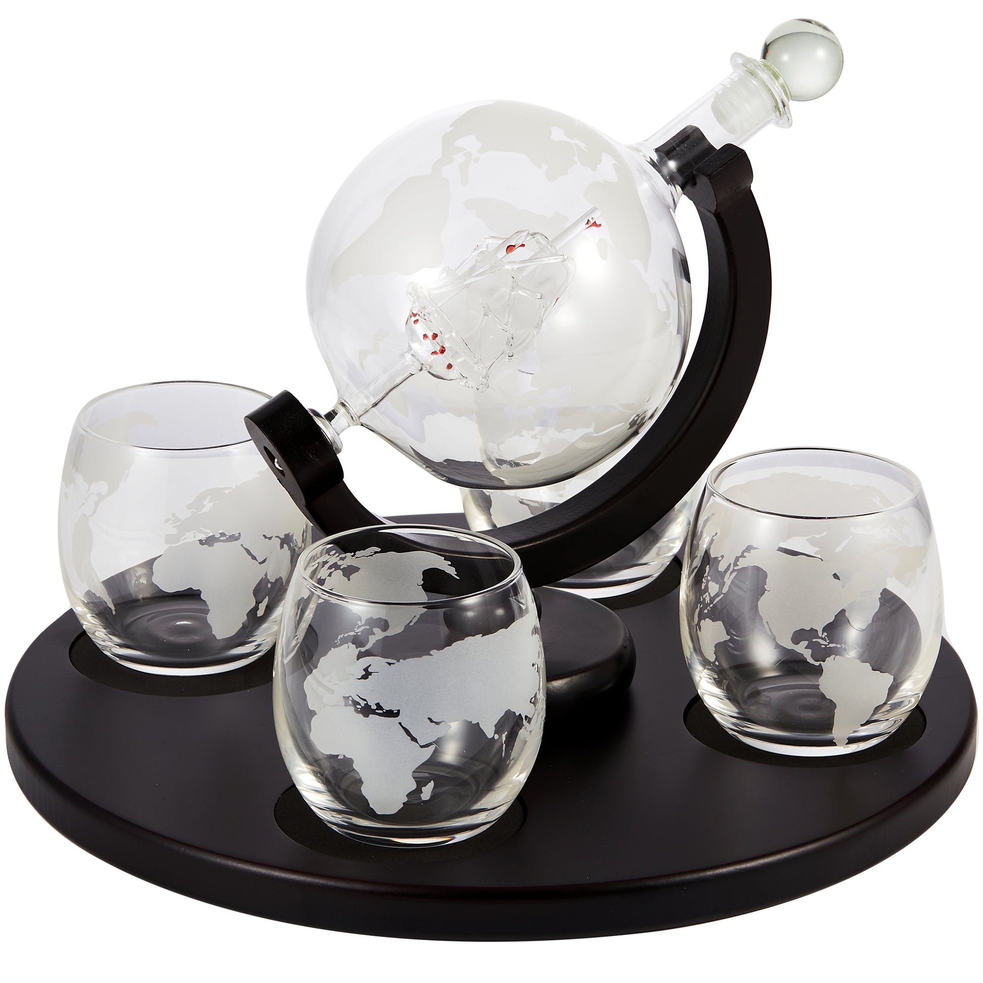 Berkware Globe Whiskey Decanter and 4 Cups Set with Wood Base