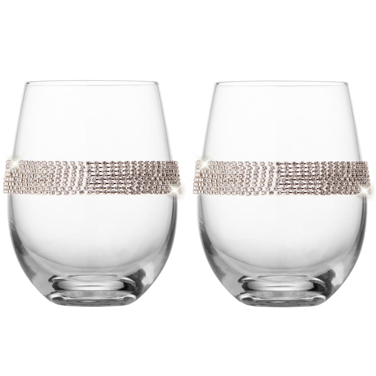 Berkware Set of 2 Stemless Wine Glasses - Luxury Wine Tumblers - Elegant Rhinestone Embellishments - 16oz, 5" tall Glassware Set - Two stemless red wine glasses for toasting