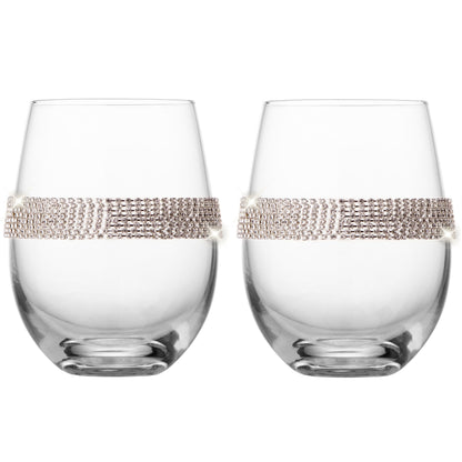 Berkware Set of 2 Stemless Wine Glasses - Luxury Wine Tumblers - Elegant Rhinestone Embellishments - 16oz, 5" tall Glassware Set - Two stemless red wine glasses for toasting