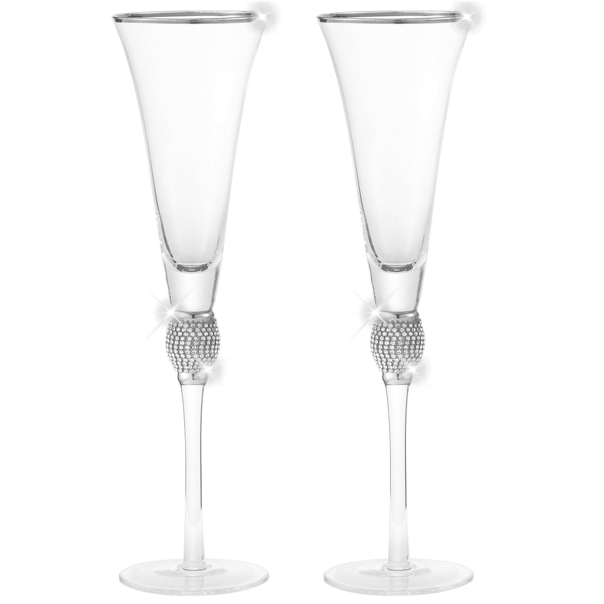 Berkware Set of 2 Trumpet Champagne Glasses - Luxurious Crystal Trumpet Champagne Flutes - Elegant Gold tone Rim & Rhinestone Embellishments - 9oz, 11" tall flutes - Champagne glasses for toasting