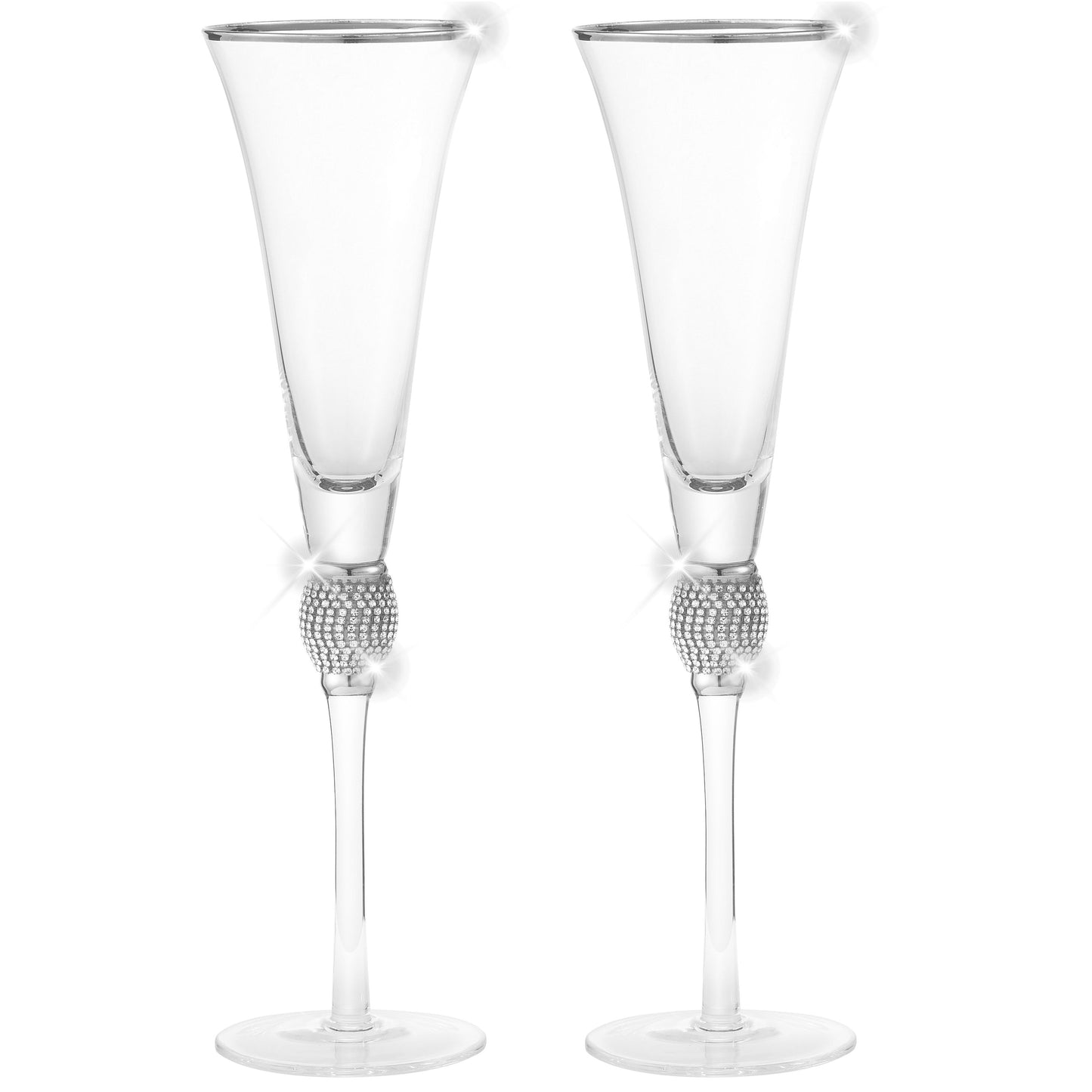 Berkware Set of 2 Trumpet Champagne Glasses - Luxurious Crystal Trumpet Champagne Flutes - Elegant Gold tone Rim & Rhinestone Embellishments - 9oz, 11" tall flutes - Champagne glasses for toasting