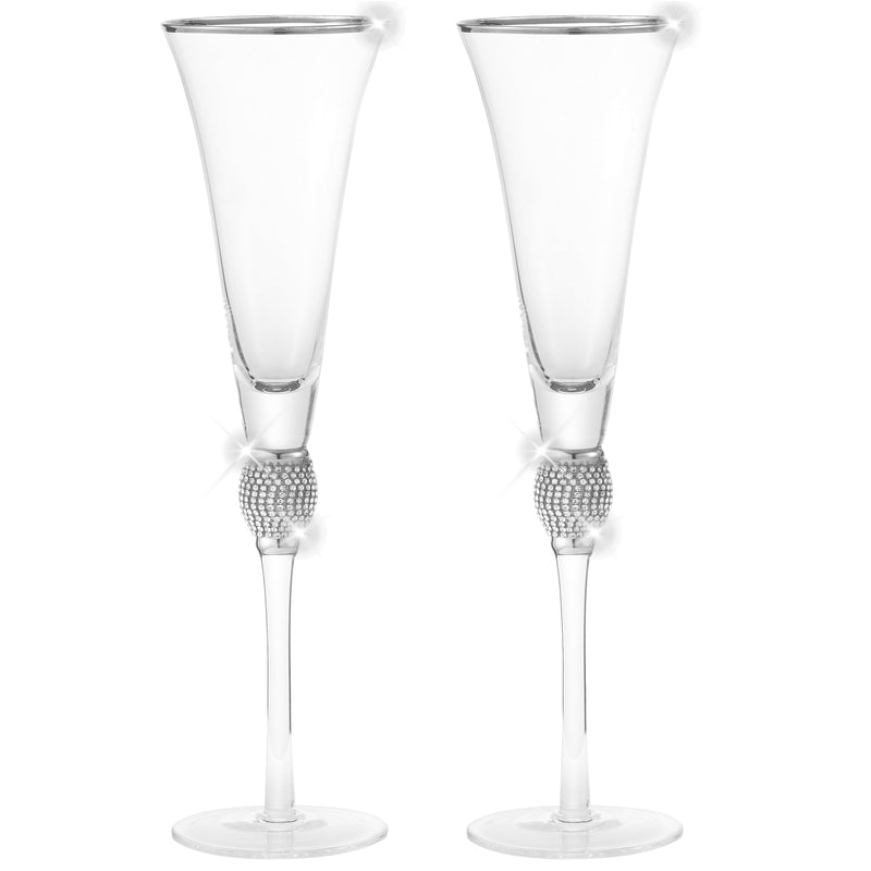 Berkware Set of 2 Trumpet Champagne Glasses - Luxurious Crystal Trumpet Champagne Flutes - Elegant Gold tone Rim & Rhinestone Embellishments - 9oz, 11" tall flutes - Champagne glasses for toasting