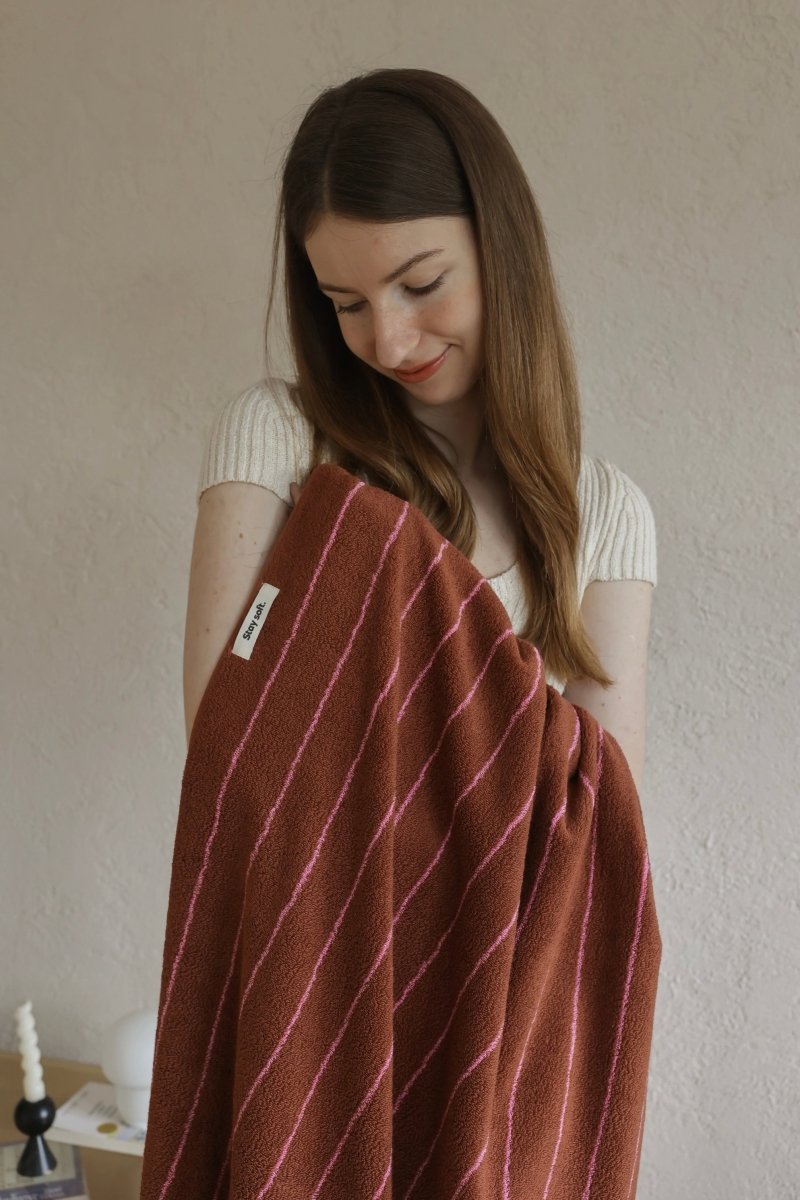 Modern Earthy Tone Pinstripe Bath Towel — 100% Long-Staple Cotton, Soft, Plush & Absorbent