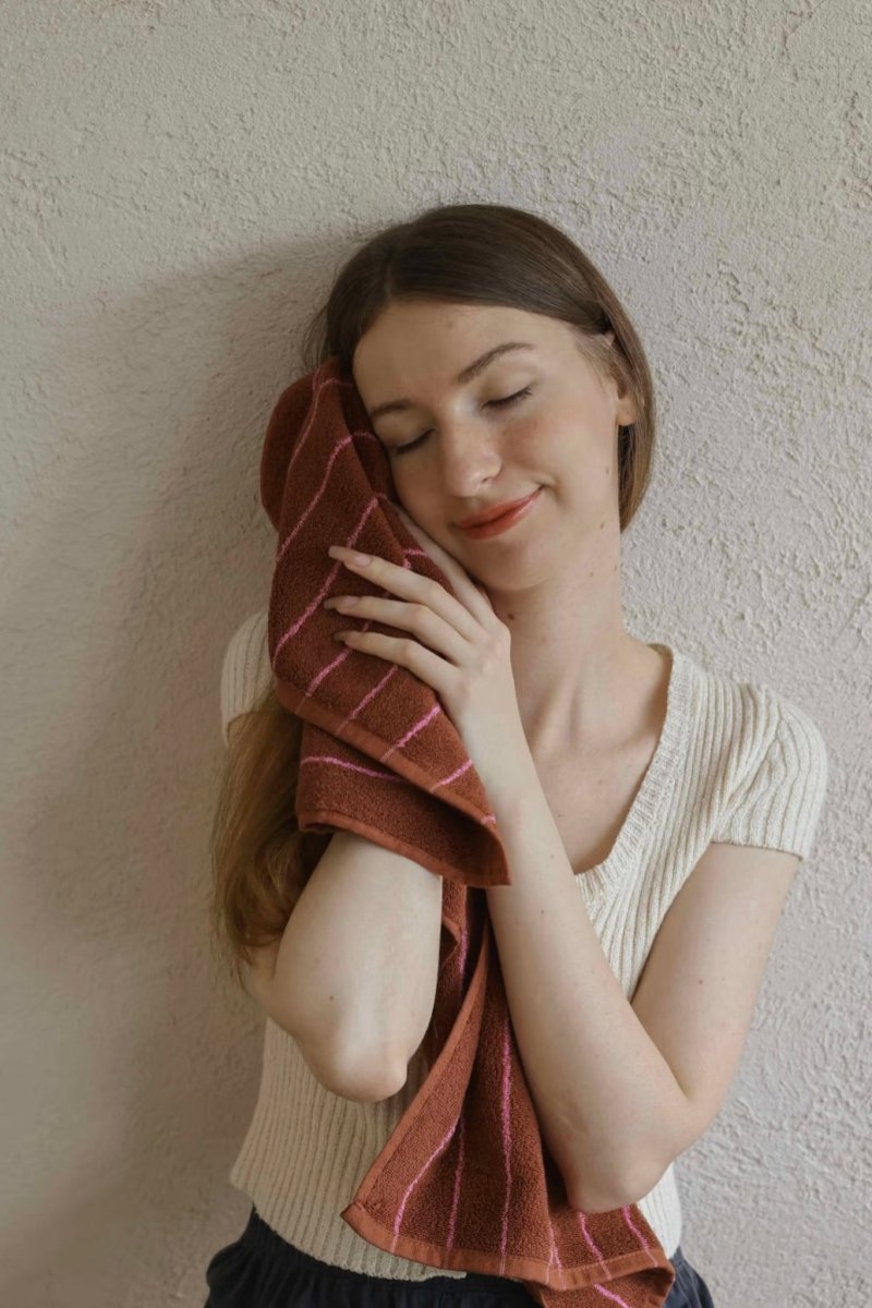 Modern Earthy Tone Pinstripe Bath Towel — 100% Long-Staple Cotton, Soft, Plush & Absorbent