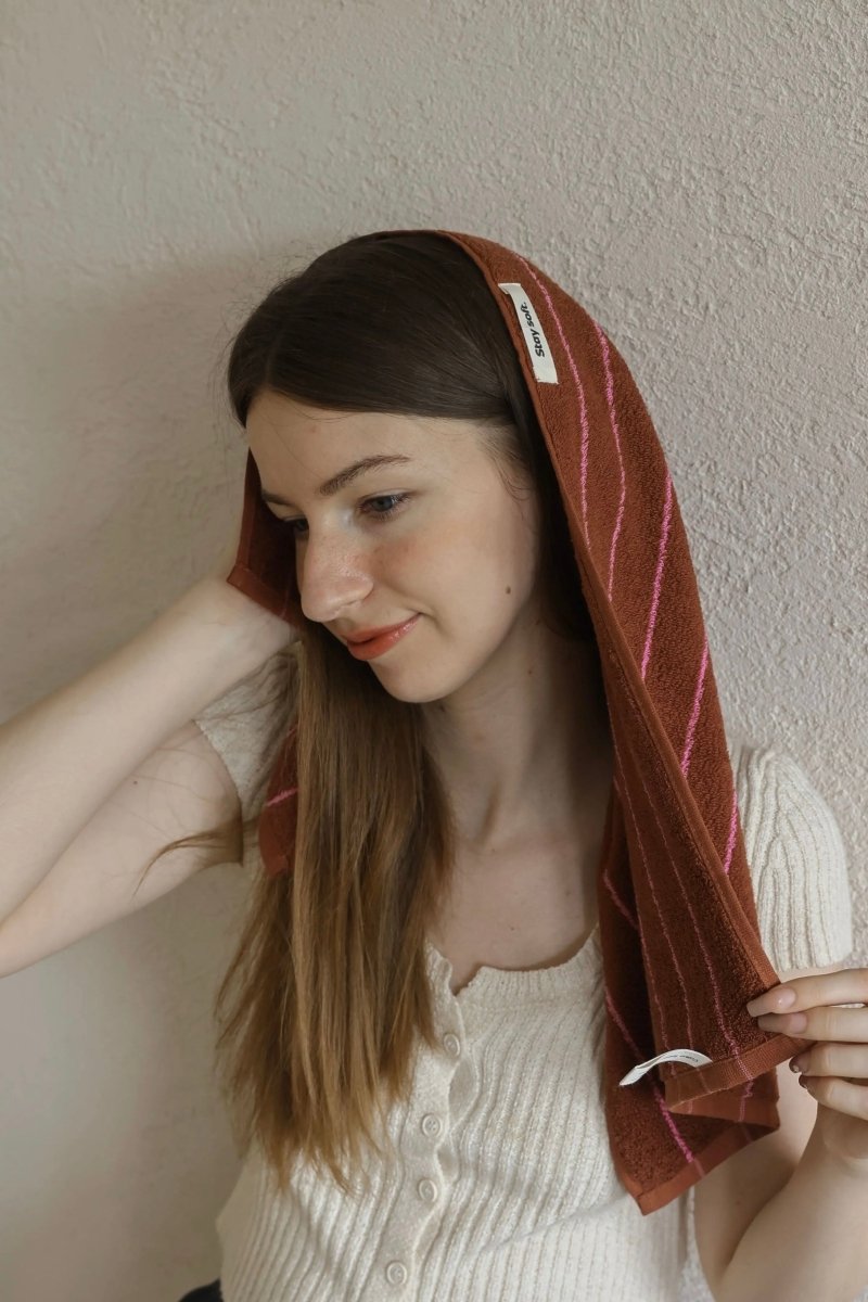 Modern Earthy Tone Pinstripe Bath Towel — 100% Long-Staple Cotton, Soft, Plush & Absorbent