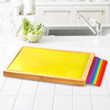 Cheer Collection Wood Cutting Board Set with Color Coded Trays