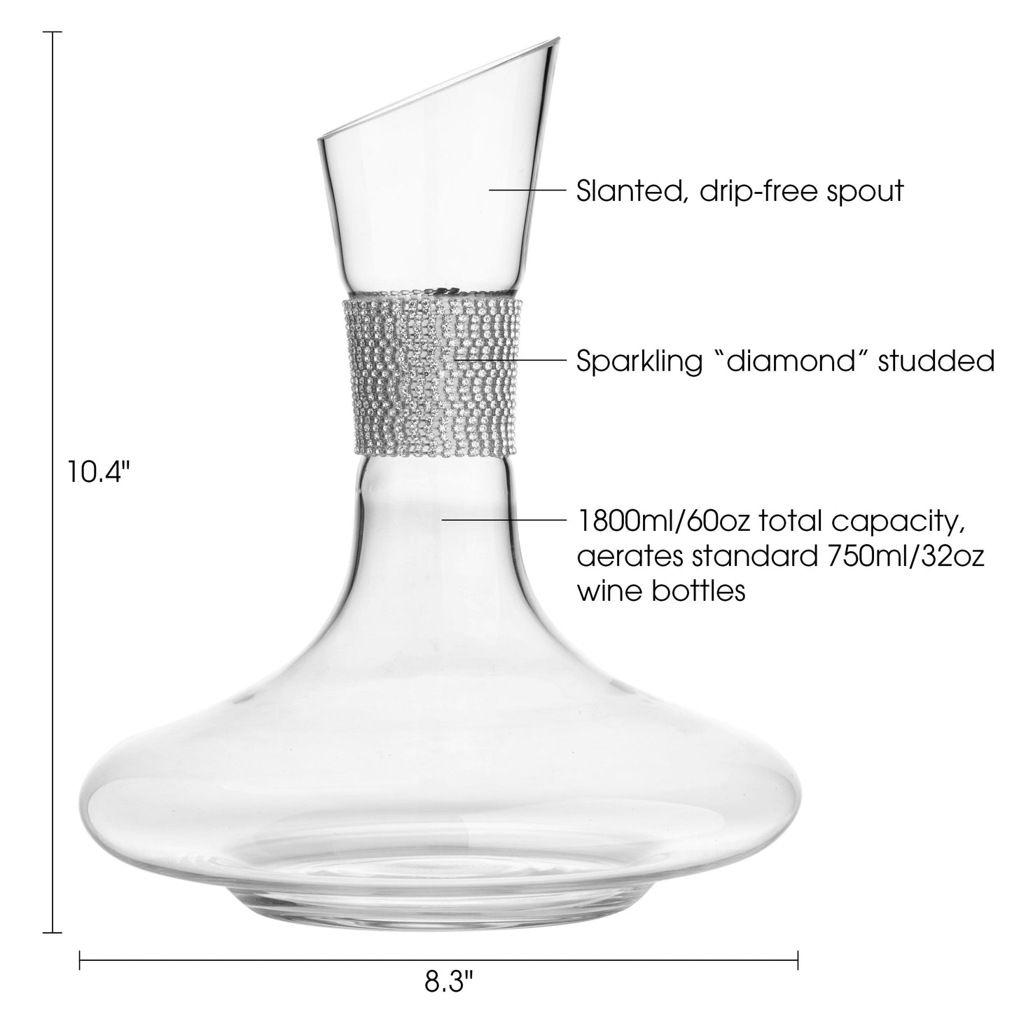 Berkware Red Wine Decanter - Luxuriuos 750ml Wide Base Glass Wine Carafe with Dazzling Rhinestone Design (Silver tone)