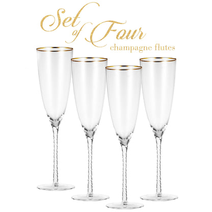 Berkware Champagne Glasses- Luxurious Crystal Champagne Flutes with Twisted Stem - Set of 4