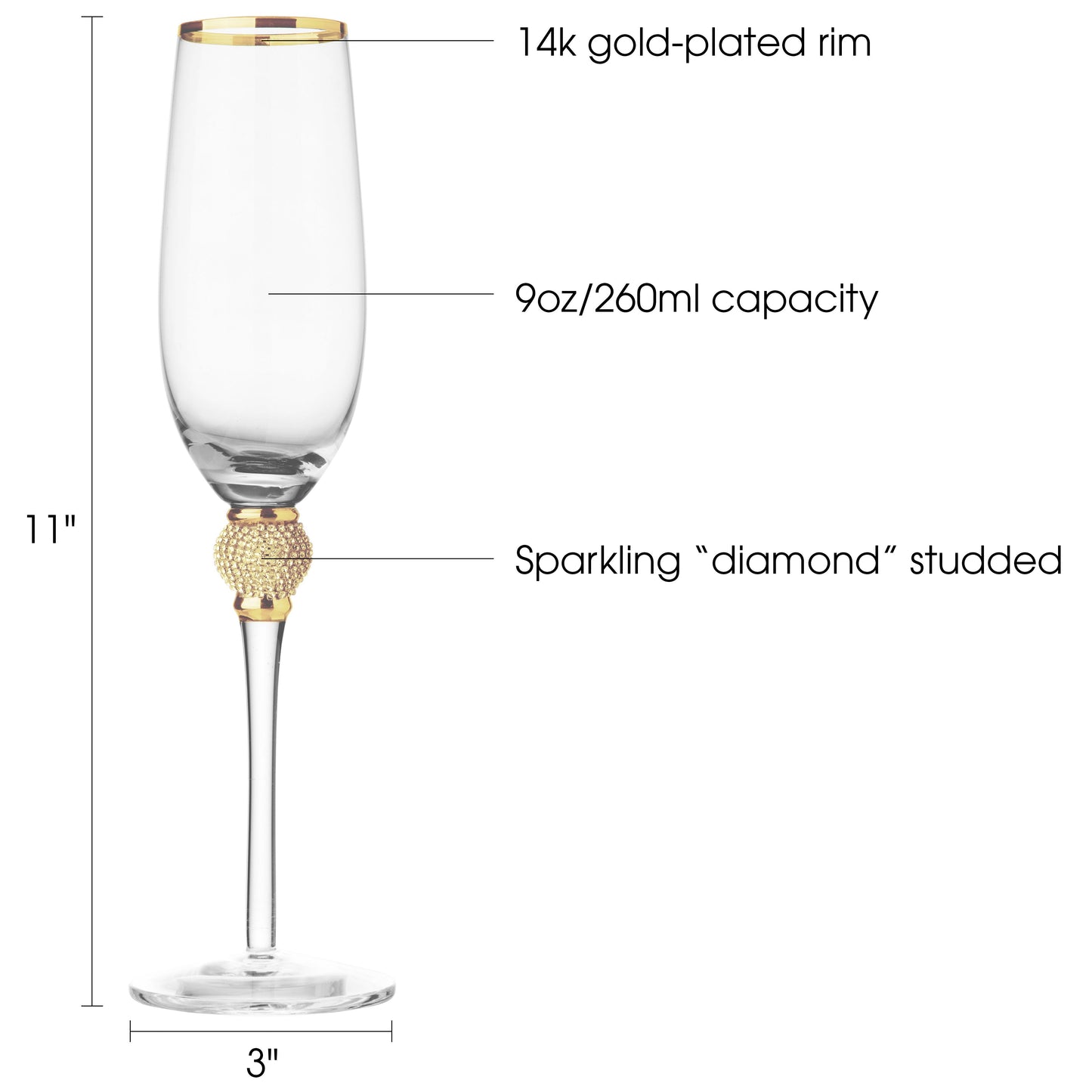 Berkware Set of 6 Champagne Glasses - Luxurious Champagne Flutes with Dazzling Rhinestone Design and Gold tone Rim