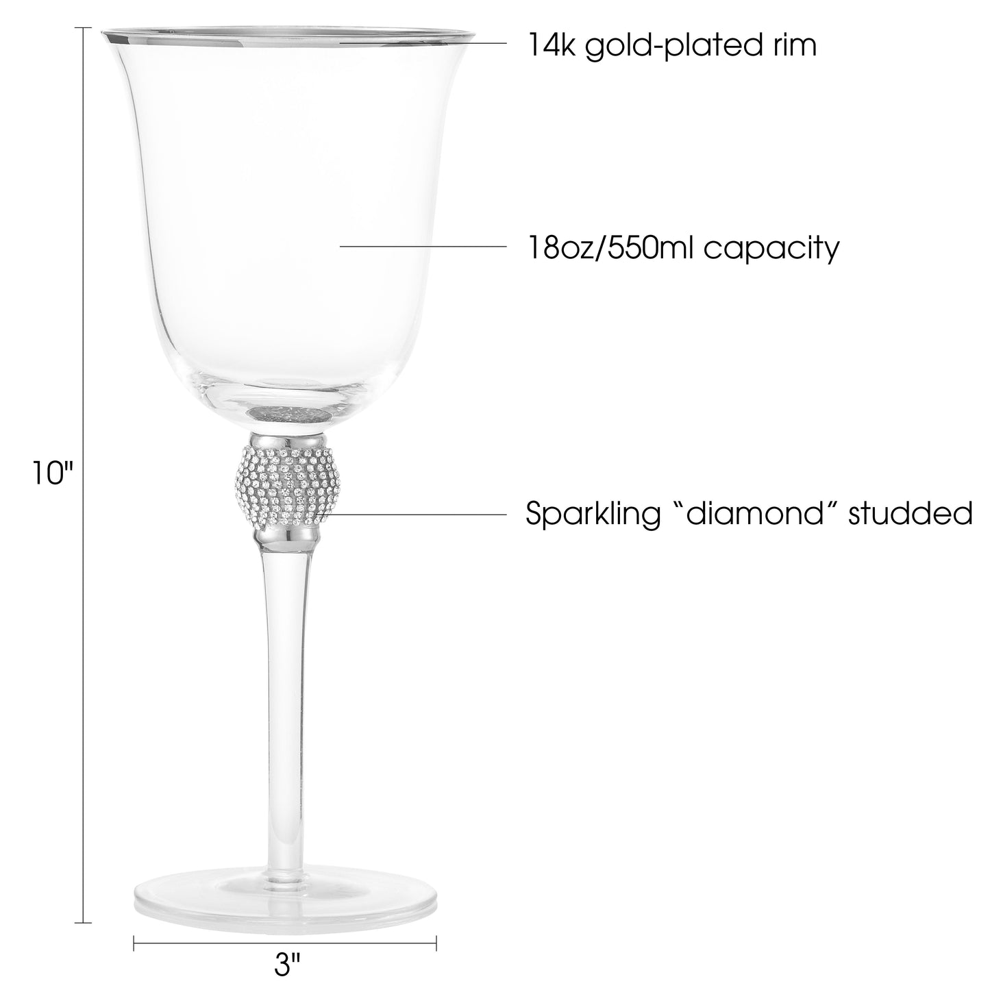 Berkware Set of 2 Rhodium Silver tone Wine Glasses - Luxurious Ros+¬ and White Wine Glass with Dazzling Rhinestone Design and Silver tone Rim