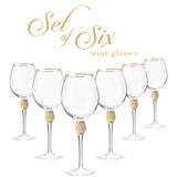 Berkware Set of 6 Wine Glasses - Luxurious and Elegant Sparkling Studded Long Stem Red Wine Glass with Gold tone Rim