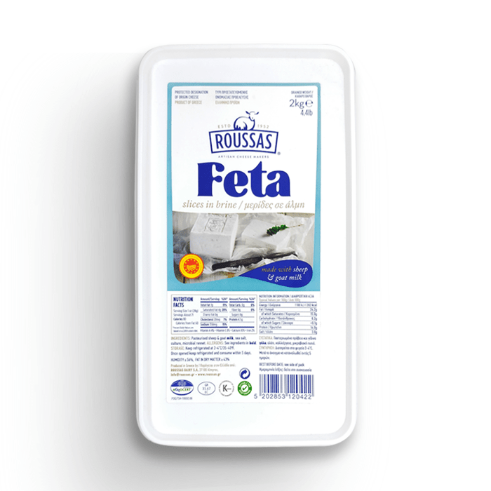 Authentic Traditional Greek Roussas Feta Cheese - PDO Certified, Made with Sheep and Goat's Milk, 4.4 lbs by Alpha Omega Imports